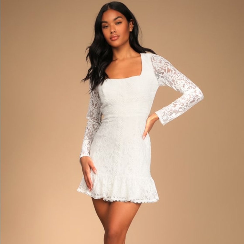 Lulu’s Amazing Love White Lace Backless Long Sleeve Mini Dress